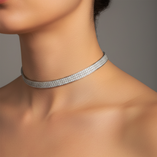 Triple Row Pave Set Diamond Necklace in 18K White Gold