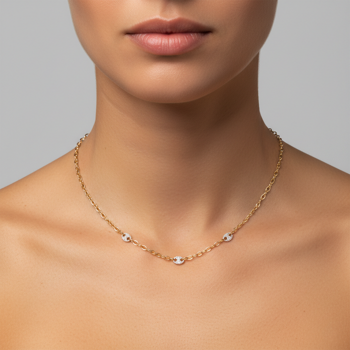 Three Grip 14K (or 18k upon request) Yellow Gold Diamond Link Necklace