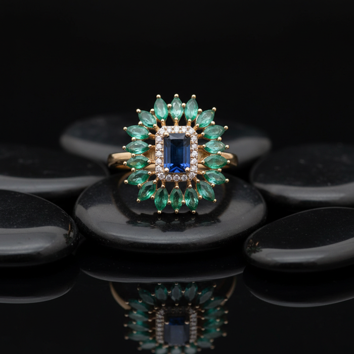 Blue Sapphire Emerald 14K Halo Cocktail Ring