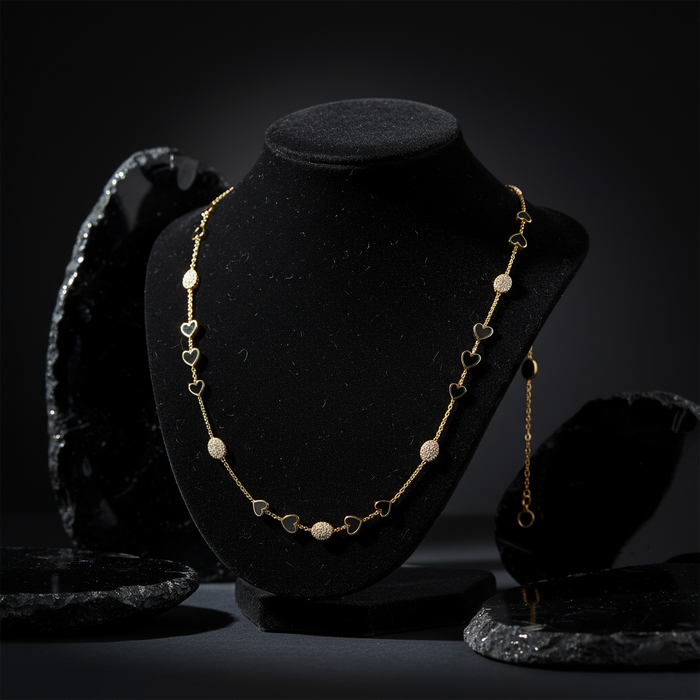 Diamond Black Enamel Station Necklace in 14K Yellow Gold