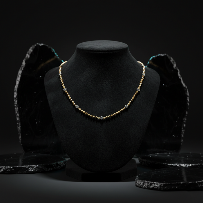 Diamond Ball Chain Station Necklace in 14K Yellow Gold