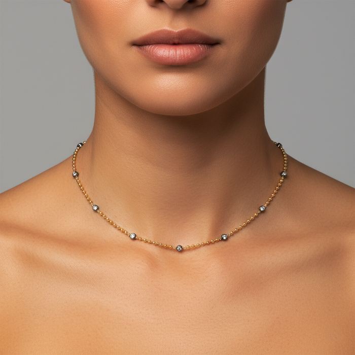 Diamond Ball Chain Station Necklace in 14K Yellow Gold