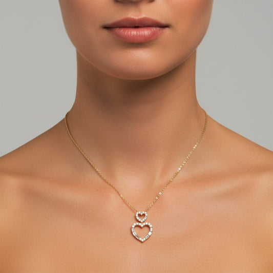 Double Open Heart Diamond Pendant Necklace in 14K Yellow Gold