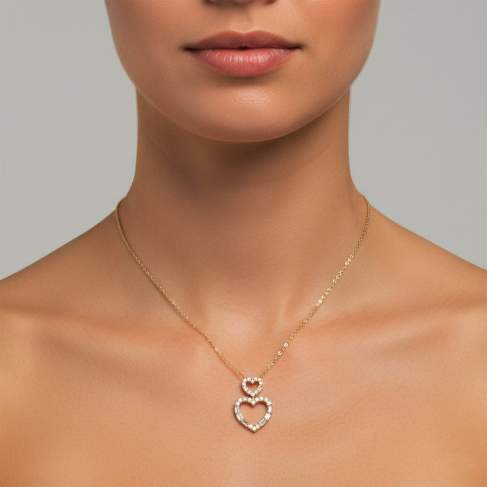 Double Open Heart Diamond Pendant Necklace in 14K Yellow Gold