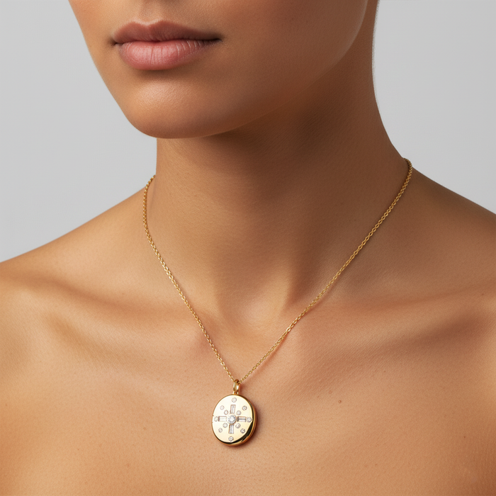 Celestial Cross Diamond Locket Necklace in 14K Yellow Gold