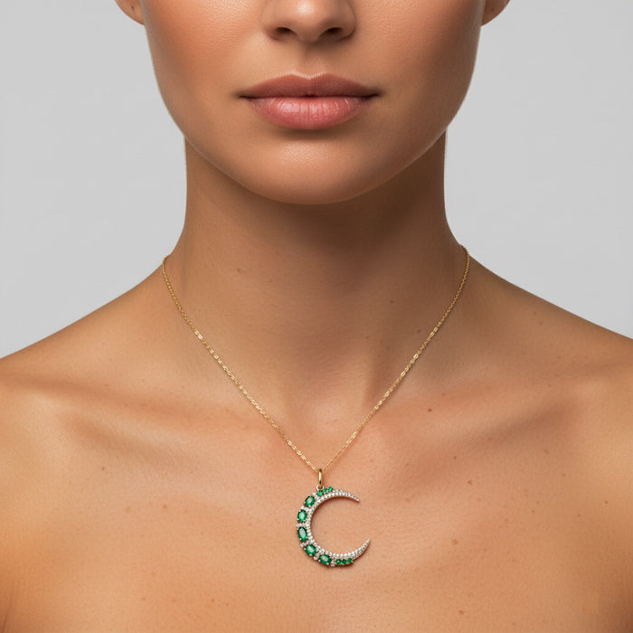 Sapphire Half Moon Diamond Pendant Necklace in 14K Yellow Gold