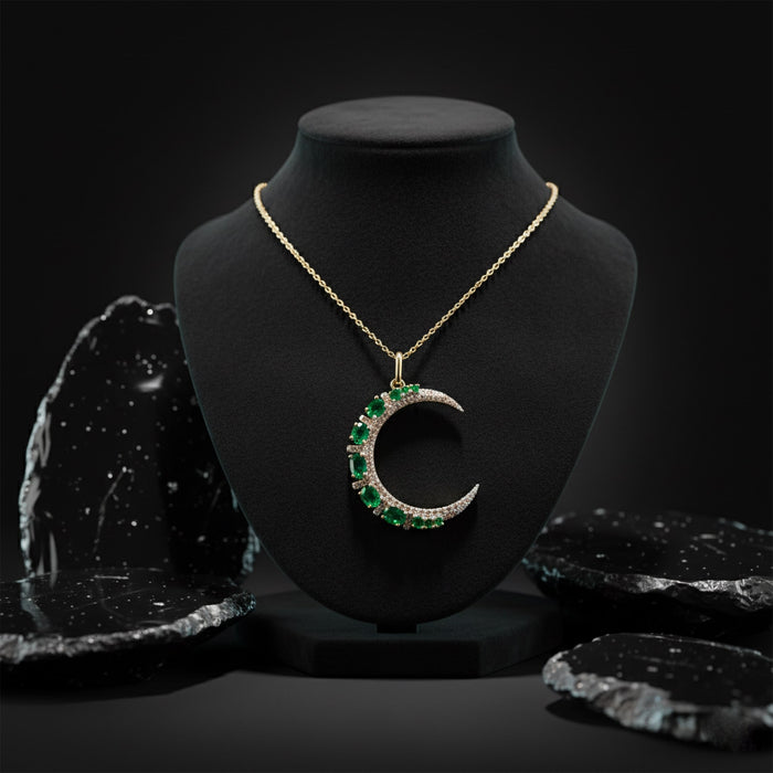 Sapphire Half Moon Diamond Pendant Necklace in 14K Yellow Gold