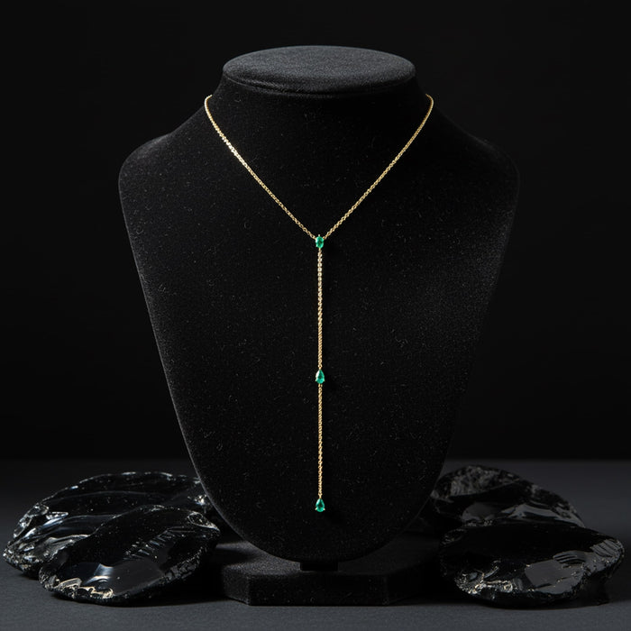 Pear Cut Emerald Drops Lariat Necklace in 14K Yellow Gold