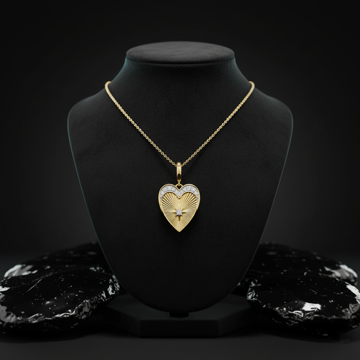 Diamond Starburst Heart Pendant Necklace in 14K Yellow Gold