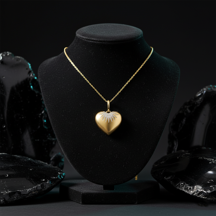 Diamond Fluted Heart Pendant Necklace in 14K Yellow Gold