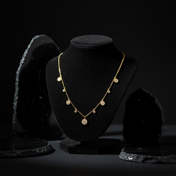 Pave Diamond Disc Drop Necklace in 14K Yellow Gold