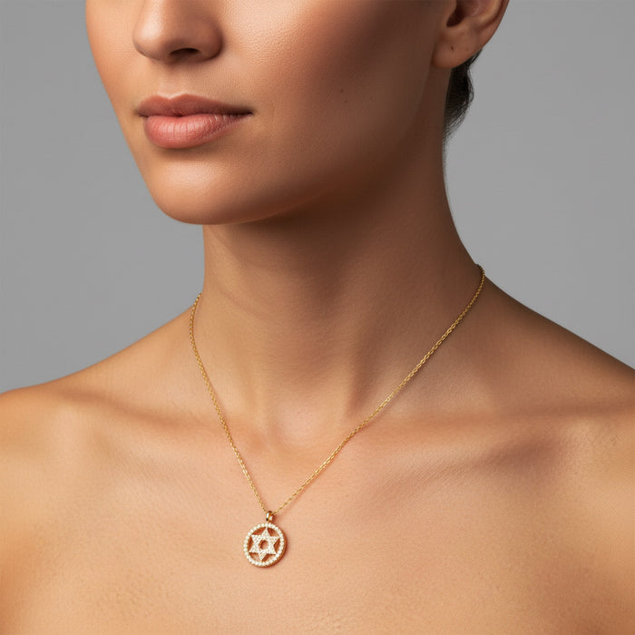 Star of David Circle Diamond Pendant Necklace in 14K Yellow Gold