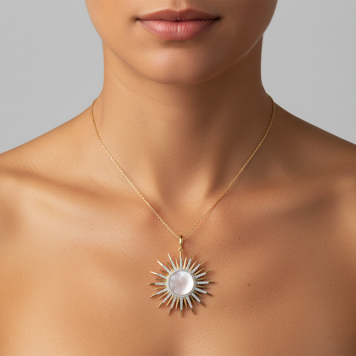 Diamond Malachite Pearl Pendant Necklace in 14K Yellow Gold