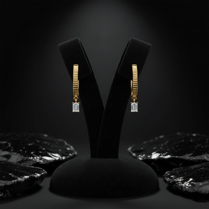 Emerald Cut Drop Charm Huggie Earrings in 14K Yellow Gold