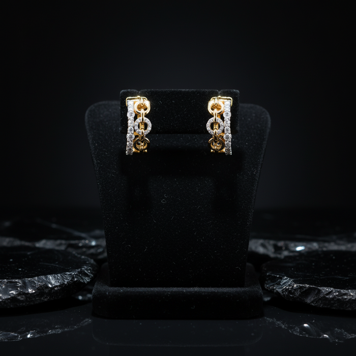 Diamond Link Huggie Hoop Earrings in 14K Yellow Gold