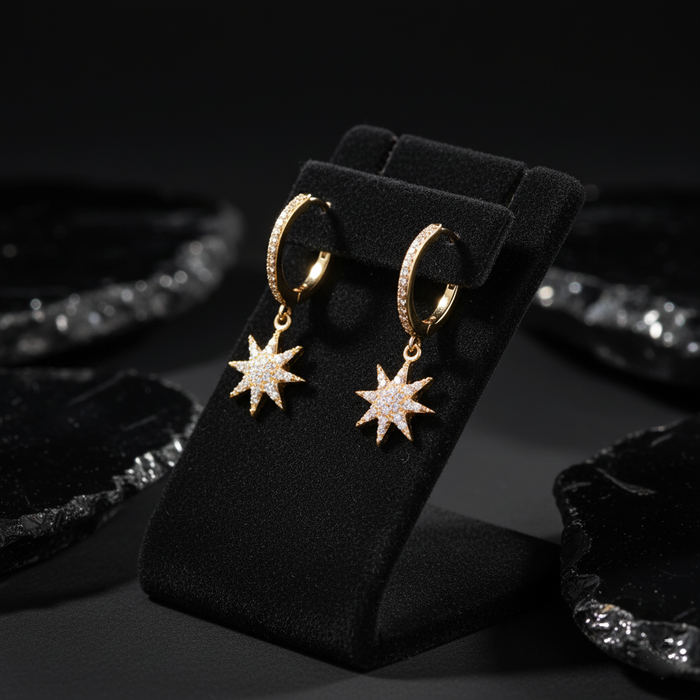 North Star Diamond Drop Huggie Earrings in 14K Yellow Gold