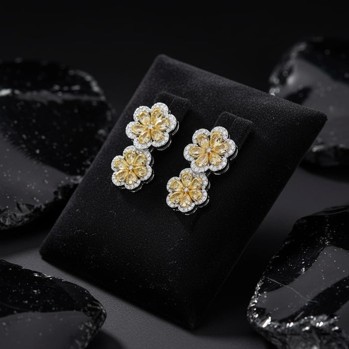 Double Bloom Flower Drop Earrings in 18K White Gold