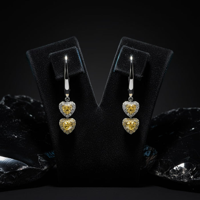 Double Heart Drop Earrings in 18K White Gold