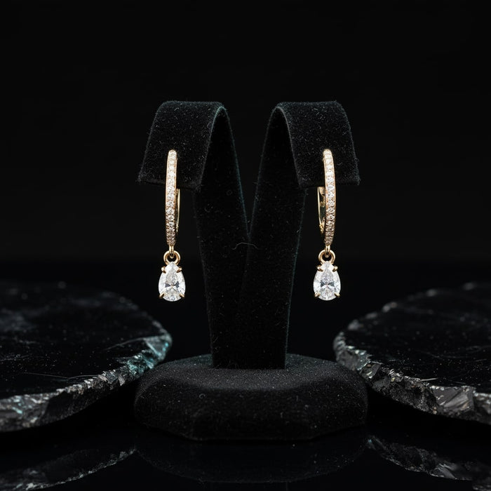 Pave Teardrop Dangle Hoop Earrings in 14K Yellow Gold