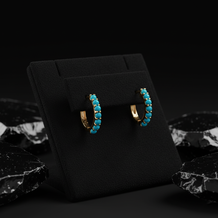Turquoise Bead Huggie Hoop Earrings in 14K Yellow Gold