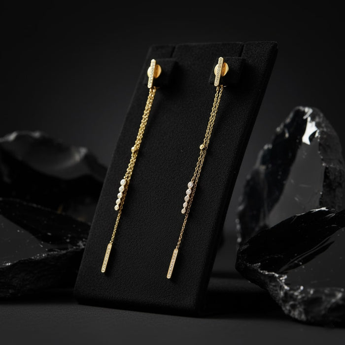 Pave Bars Double Chain Drop Earrings in 14K Yellow Gold