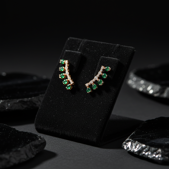 Emerald Teardrop Diamond Climber Earrings in 14K Yellow Gold