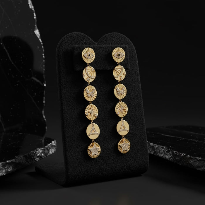 Celestial Medallion Charm Drop Earrings in 14K Yellow Gold