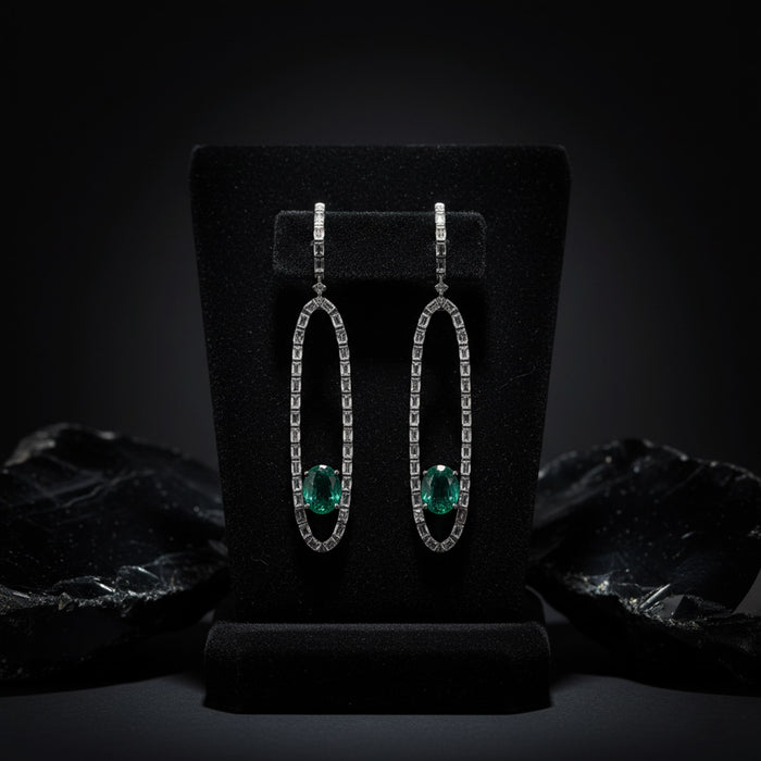 Blackened Oval Drop Green Emerald Earrings in 18K White Gold