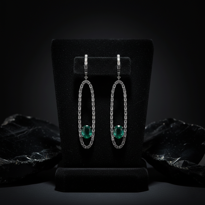 Blackened Oval Drop Green Emerald Earrings in 18K White Gold