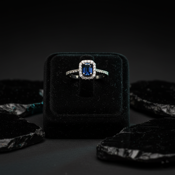 Midnight Elegance Blue Sapphire Halo Ring in 18K White Gold