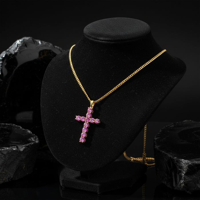 Heavenly Bloom Pink Sapphire Cross Pendant Necklace in 18K Gold