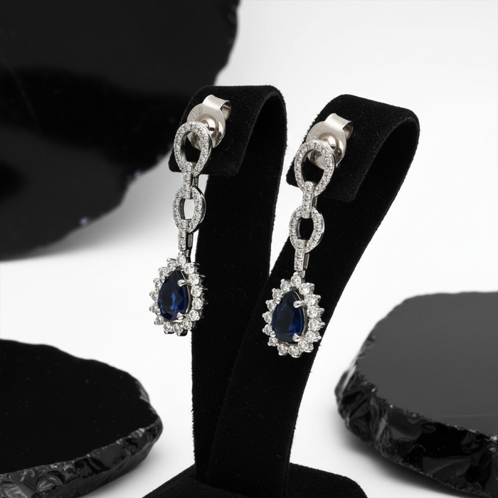 Midnight Reign Blue Sapphire Diamond Drop Earrings in 18K White Gold