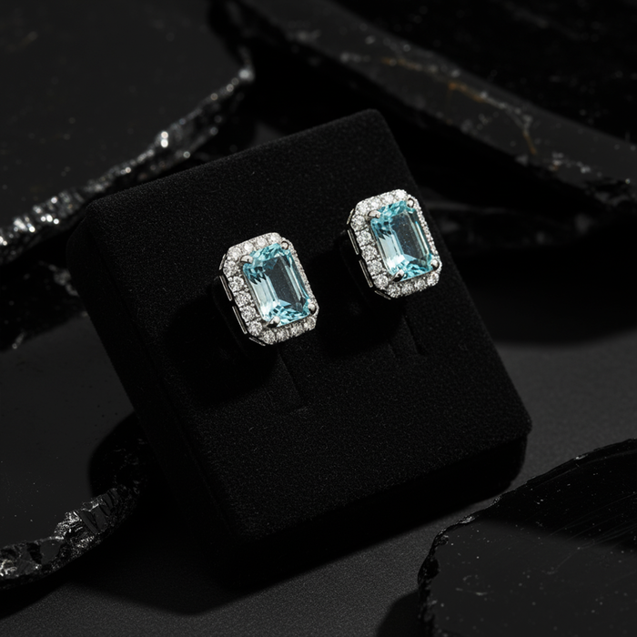Skyline Aura Aquamarine Diamond Stud Earrings in 18K White Gold