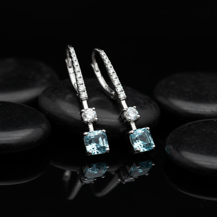 Skyline Aquamarine Diamond Drop Earrings in 18K White Gold