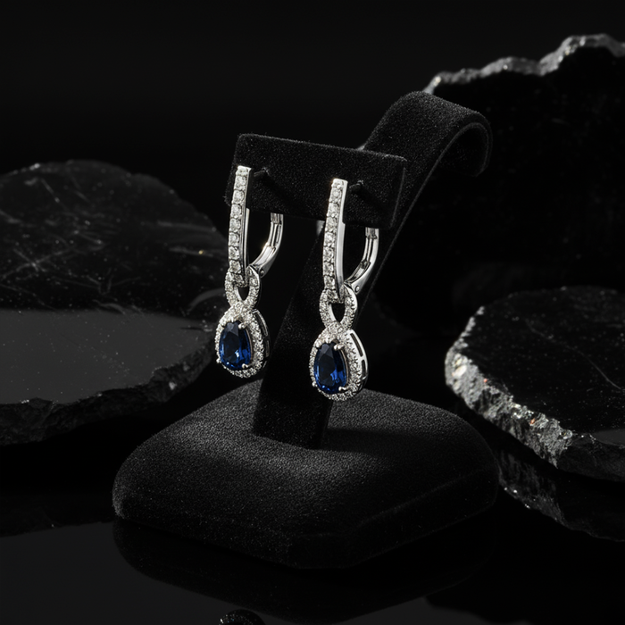 Eclipse Luxe Blue Sapphire Diamond Drop Earrings in 18K White Gold
