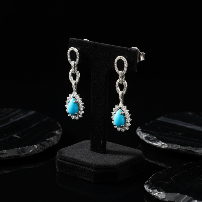 Serene Ocean Turquoise Diamond Drop Earrings in 18K White Gold