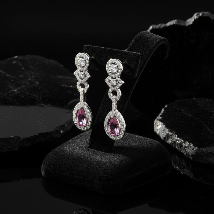 Majestic 18K Pink Sapphire White Gold Teardrop Diamond Earrings