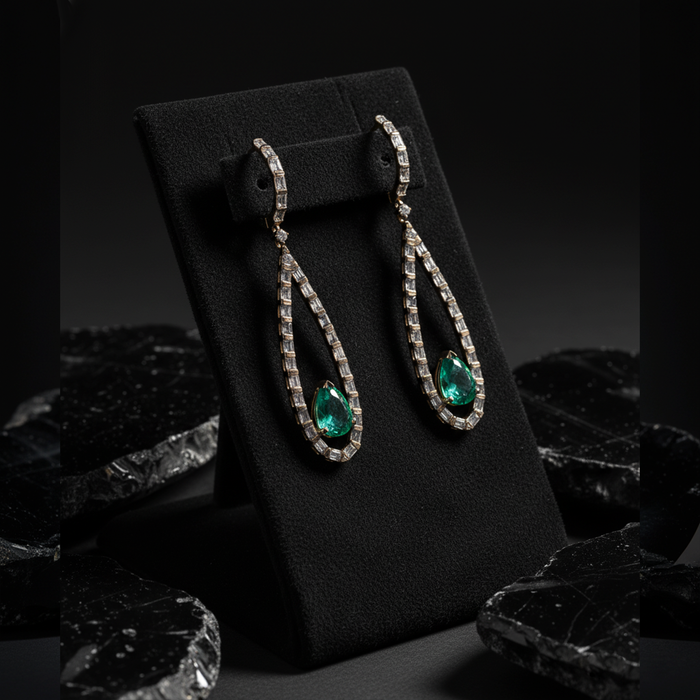 Green Emerald Drop Black Finish Earrings in 18K Yellow Gold