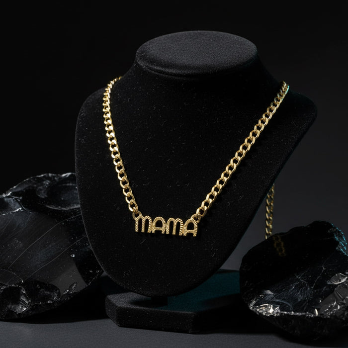 Cuban Chain Letter Mama Necklace in 14K Yellow Gold