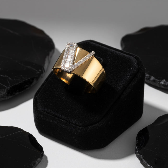 V Initial Baguette Diamond Cigar Ring