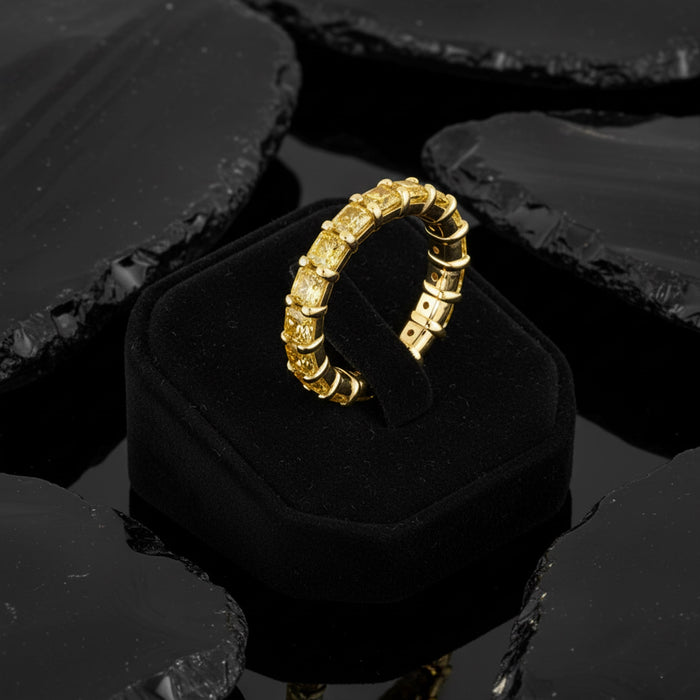 Cushion Cut Yellow Diamond Eternity Band Ring in 14K Yellow Gold