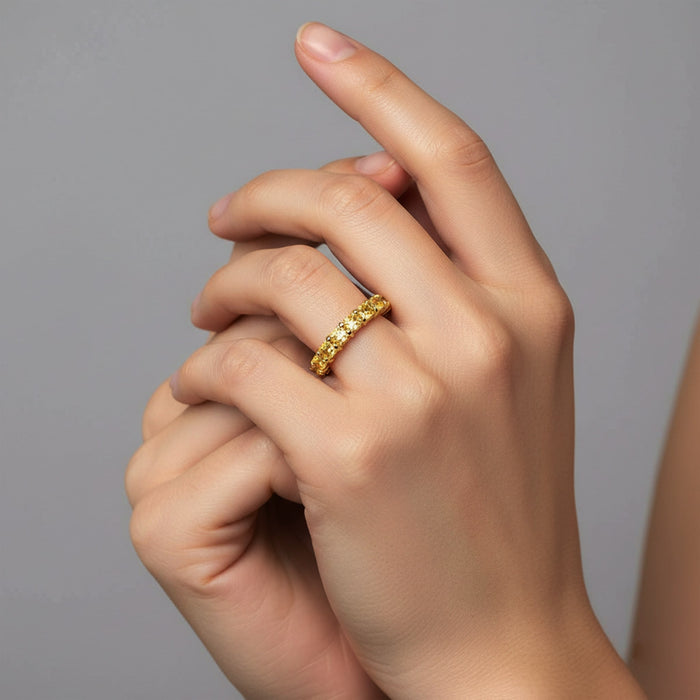 Cushion Cut Yellow Diamond Eternity Band Ring in 14K Yellow Gold