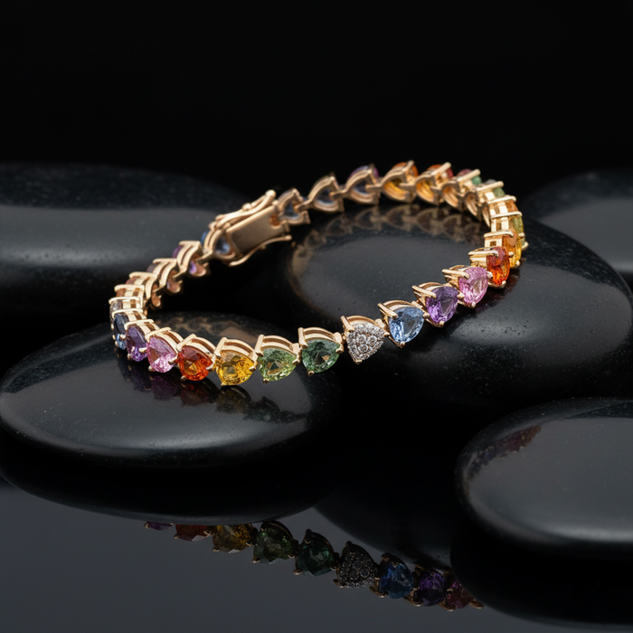 Celestial Heart Rainbow Sapphire & Diamond 14K Gold Tennis Bracelet