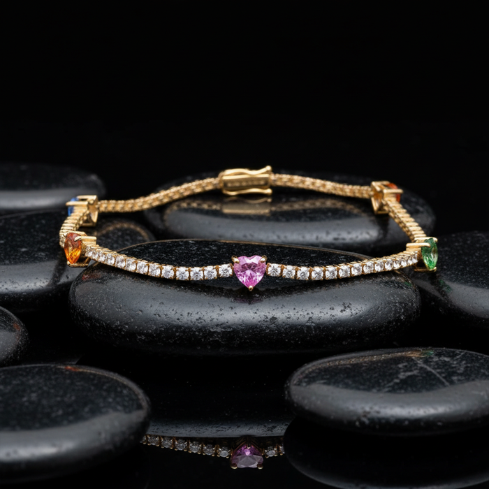 Colourful Heart 14K Yellow Gold Diamond Bracelet