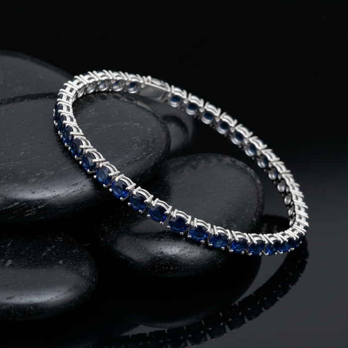 Deep Azure Sapphire Line 14K White Gold Tennis Bracelet