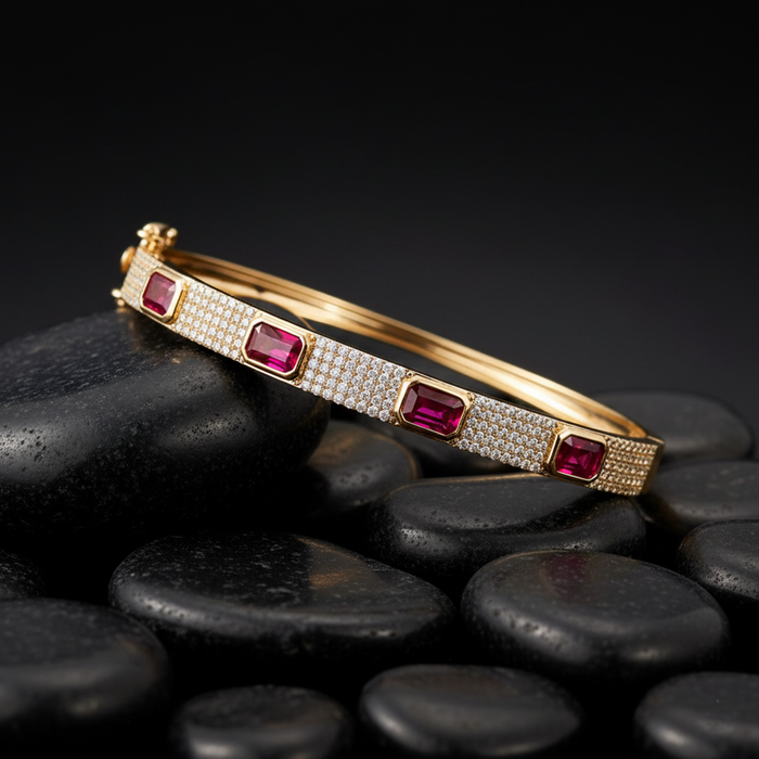 Elegant Ruby and Diamond 14K Yellow Gold Bracelet