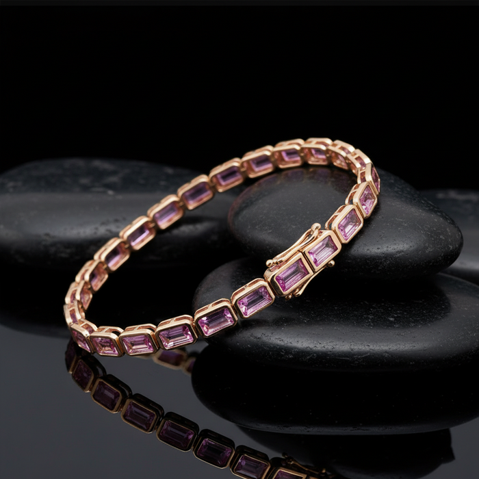 Emerald Cut Pink Sapphire 14K Gold Tennis Bracelet