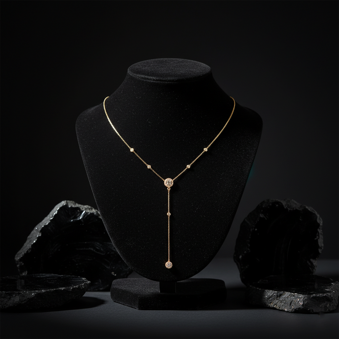 Round Diamond Baguette Lariat Necklace in 14K Yellow Gold