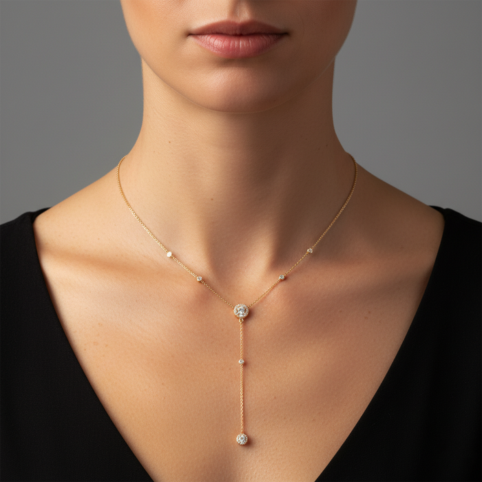 Round Diamond Baguette Lariat Necklace in 14K Yellow Gold