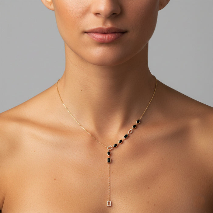 Black Onyx Diamond Lariat Necklace in 14K Yellow Gold